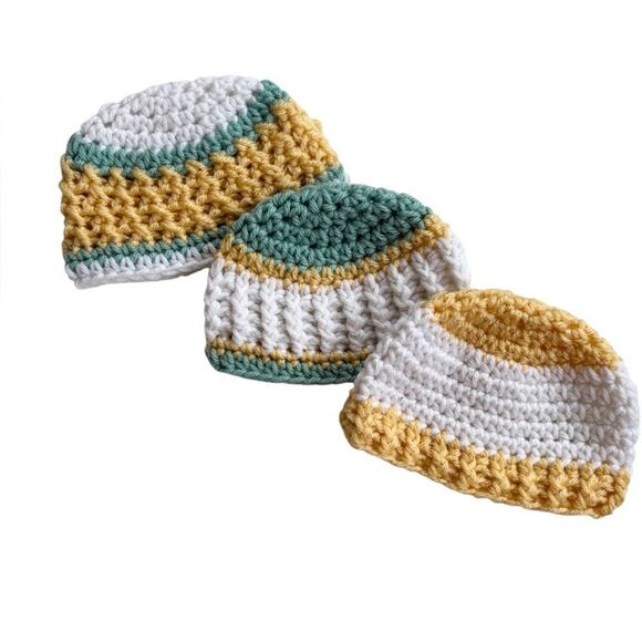 Newborn Baby Crochet Hat Set of 3 Yellow Grey Mint Green 0-3 - Picture 2 of 13